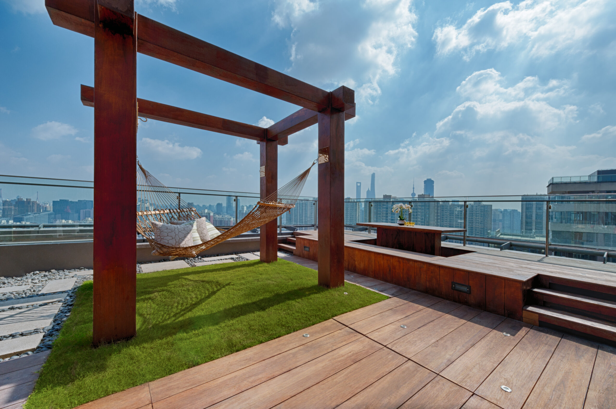 Roof terrace with hammock on a sunny day