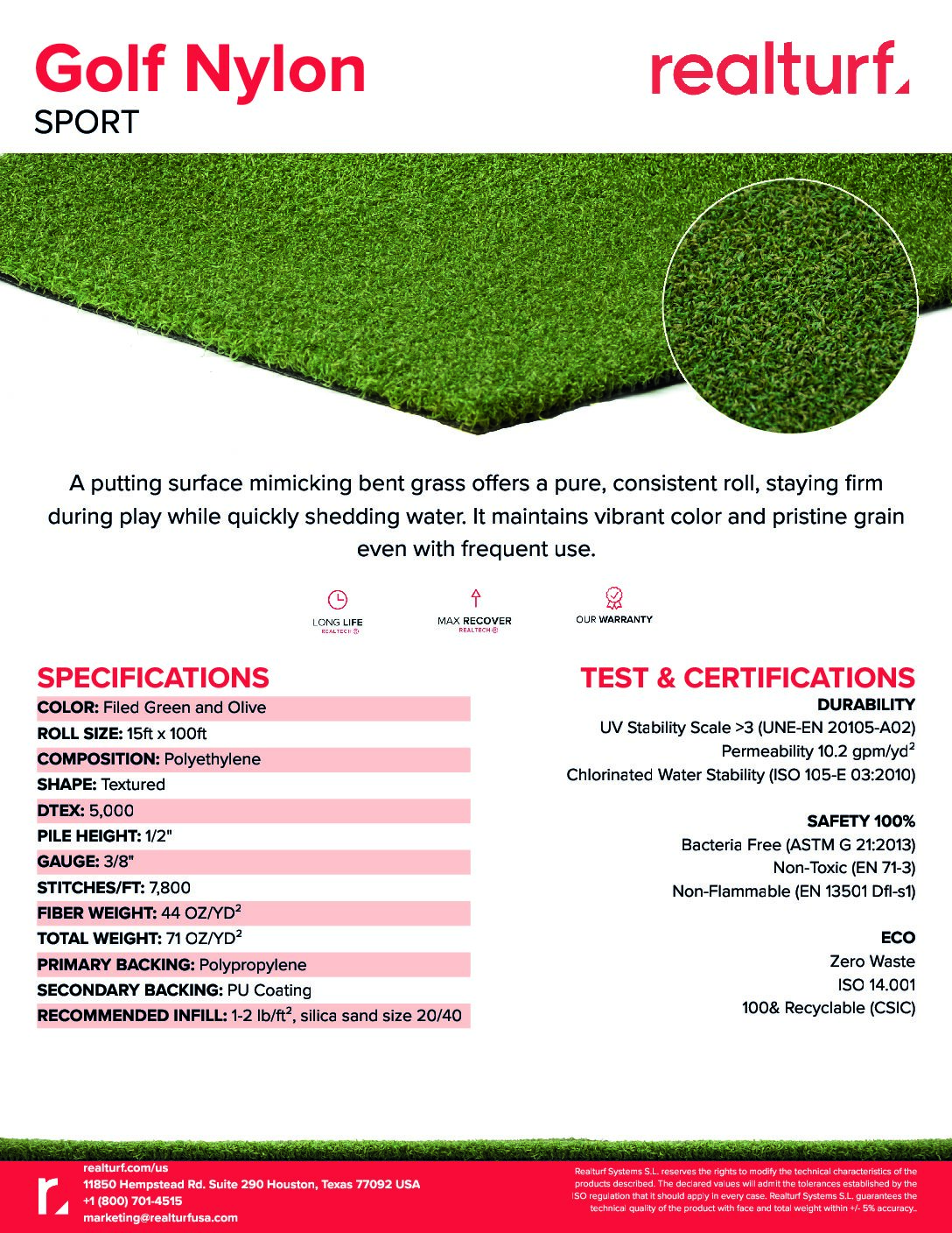 Golf Nylon Spec Sheet