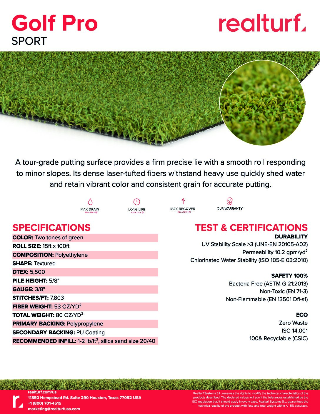 Golf Pro Spec Sheet